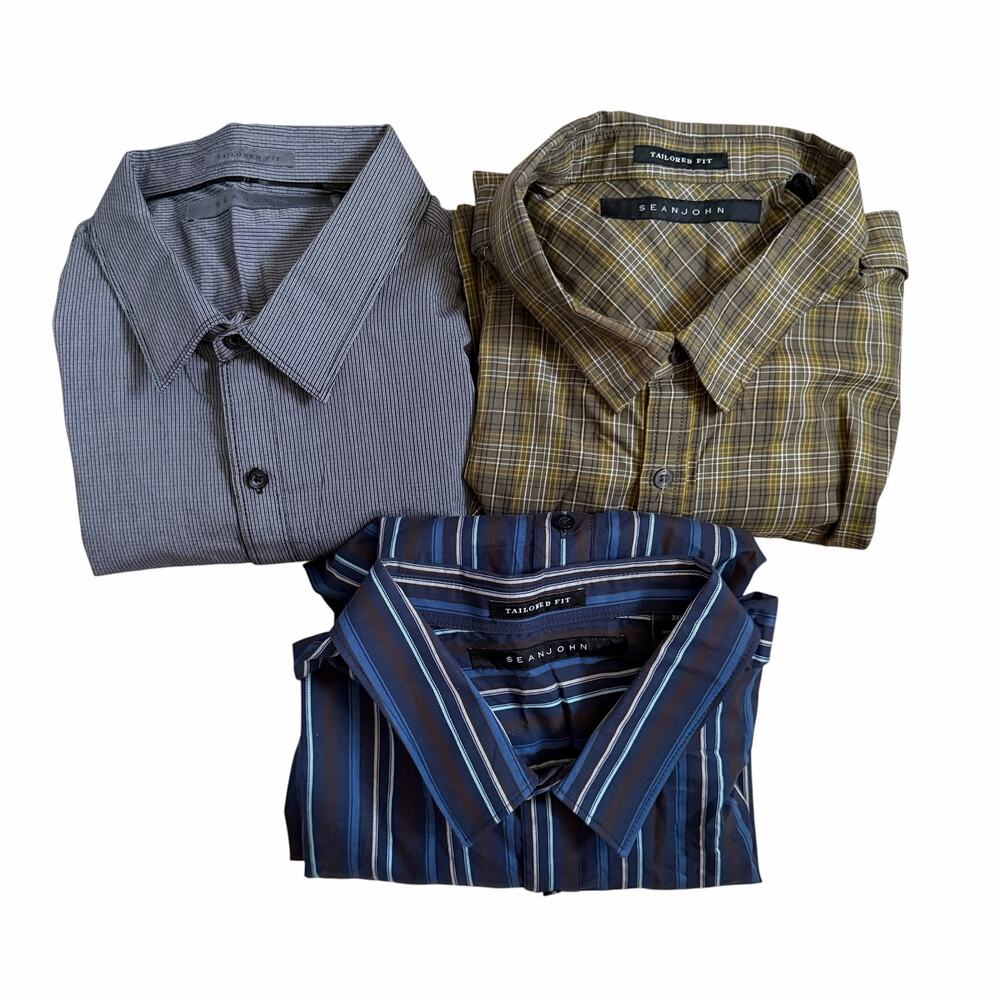 Set of 3 Sean John Mens 3XL Dress Shirts Long Sleeve Button Front Tailored Fit
